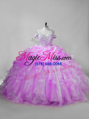 Gorgeous Straps Sleeveless 15th Birthday Dress Brush Train Beading and Ruffles and Pick Ups Lilac Organza