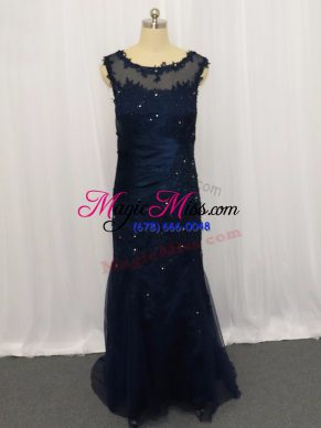 Gorgeous Navy Blue Column/Sheath Scoop Sleeveless Tulle Floor Length Zipper Lace and Appliques Mother Of The Bride Dress