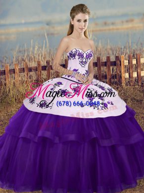 Best Selling White And Purple Quinceanera Gowns Military Ball and Sweet 16 and Quinceanera with Embroidery and Bowknot Sweetheart Sleeveless Lace Up