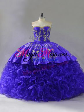 Glorious Purple Fabric With Rolling Flowers Lace Up Sweetheart Sleeveless Floor Length Quinceanera Dress Brush Train Embroidery and Ruffles