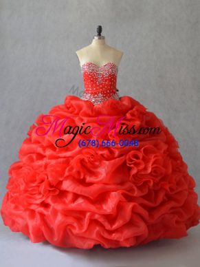 Pick Ups and Hand Made Flower Quinceanera Dresses Red Lace Up Sleeveless Floor Length