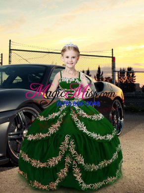 Dark Green Satin Lace Up Kids Pageant Dress Sleeveless Floor Length Embroidery