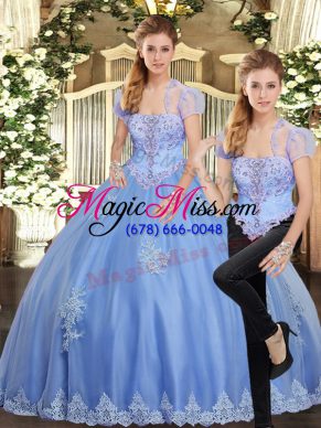 Smart Light Blue Ball Gowns Tulle Strapless Sleeveless Beading and Appliques Floor Length Lace Up Sweet 16 Dresses