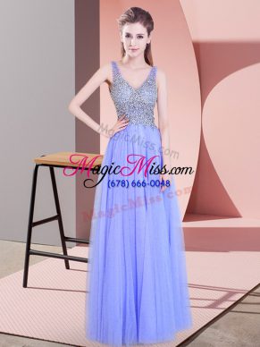 Beauteous Sleeveless Tulle Floor Length Zipper Prom Dress in Lavender with Beading