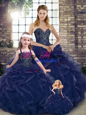 Ball Gowns Quinceanera Dress Navy Blue Sweetheart Tulle Sleeveless Floor Length Lace Up