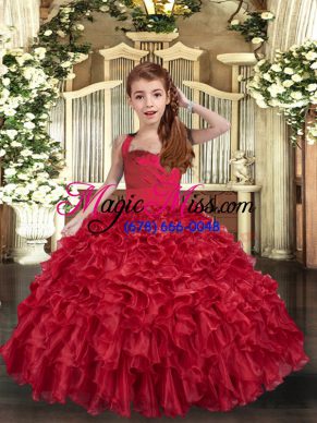 Organza Straps Sleeveless Lace Up Ruffles Kids Formal Wear in Red
