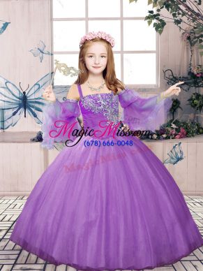 Floor Length Lavender Pageant Dresses Tulle Sleeveless Beading