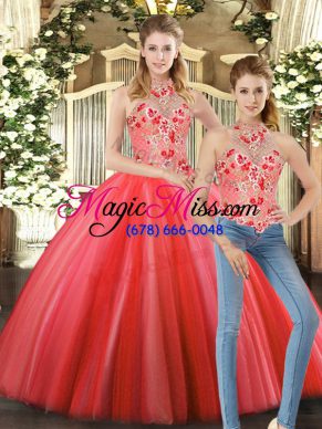 Coral Red Tulle Lace Up Halter Top Sleeveless Floor Length Quinceanera Dress Embroidery