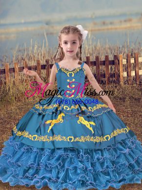 Lovely Blue Sleeveless Floor Length Beading and Embroidery and Ruffled Layers Lace Up Little Girl Pageant Gowns