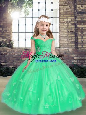 Cute Sleeveless Floor Length Beading and Hand Made Flower Lace Up Little Girls Pageant Gowns with Green