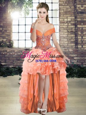 Classical Orange Homecoming Dress Online Prom and Party with Beading and Ruffled Layers Off The Shoulder Sleeveless Lace Up