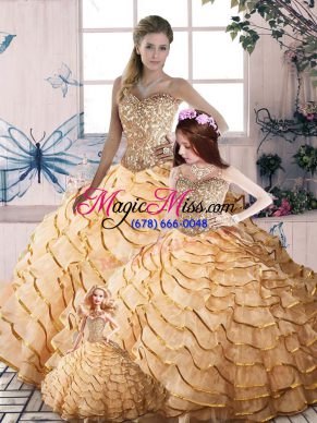 Champagne Sleeveless Organza Brush Train Lace Up Quince Ball Gowns for Sweet 16 and Quinceanera