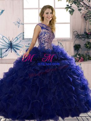New Arrival Sleeveless Floor Length Beading and Ruffles Lace Up Quinceanera Dresses with Purple