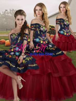 Dazzling Wine Red Vestidos de Quinceanera Tulle Brush Train Sleeveless Embroidery and Ruffled Layers