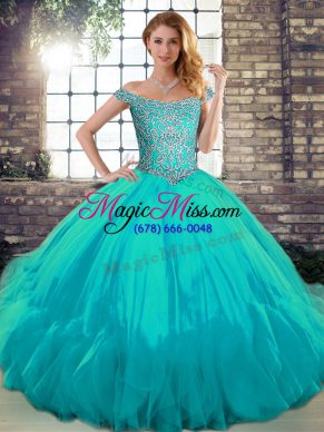 Aqua Blue Sweet 16 Dress Military Ball and Sweet 16 and Quinceanera with Beading and Ruffles Off The Shoulder Sleeveless Lace Up