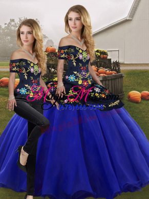 Royal Blue Two Pieces Tulle Off The Shoulder Sleeveless Embroidery Floor Length Lace Up Sweet 16 Dress