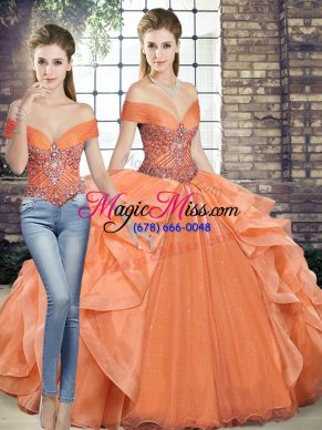 Delicate Floor Length Orange Quinceanera Gown Off The Shoulder Sleeveless Lace Up