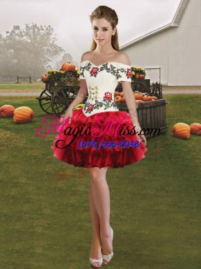 Organza Off The Shoulder Sleeveless Lace Up Embroidery and Ruffled Layers Hoco Dress in Wine Red