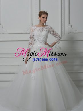 High Quality White 3 4 Length Sleeve Beading and Lace Lace Up Wedding Dresses
