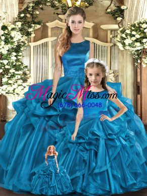 Dazzling Teal Ball Gowns Scoop Sleeveless Organza Floor Length Lace Up Ruffles Sweet 16 Quinceanera Dress