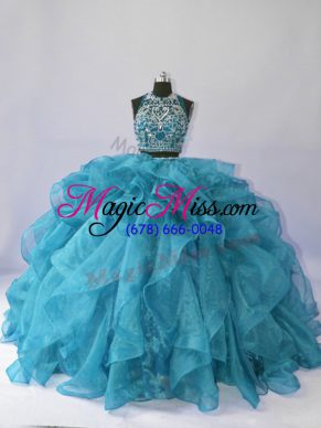 High Quality Teal Two Pieces Beading and Ruffles Quinceanera Gowns Backless Organza Sleeveless Floor Length
