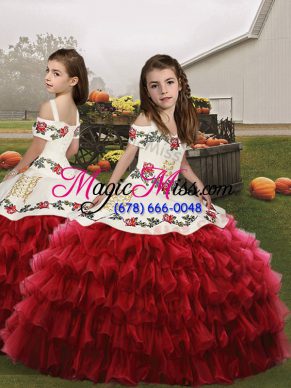 Red Little Girl Pageant Gowns Party and Wedding Party with Embroidery and Ruffled Layers Straps Sleeveless Lace Up
