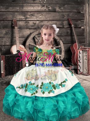 Turquoise Lace Up Little Girls Pageant Dress Beading and Embroidery and Ruffles Sleeveless Floor Length
