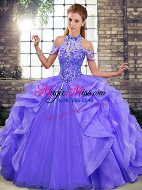 Sleeveless Organza Floor Length Lace Up Sweet 16 Dresses in Purple with Beading and Ruffles