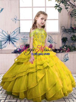 High End Olive Green Organza Side Zipper Little Girls Pageant Gowns Sleeveless Floor Length Beading and Ruffled Layers