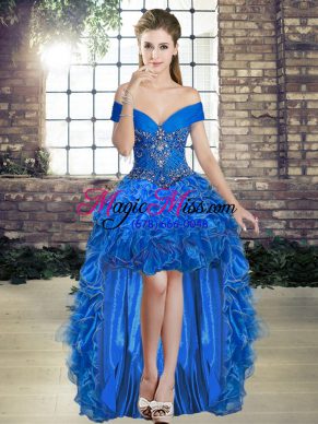Spectacular Royal Blue A-line Beading and Ruffles Pageant Dress for Girls Lace Up Organza Sleeveless High Low
