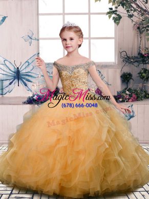 Gold Tulle Lace Up Custom Made Pageant Dress Sleeveless Floor Length Beading and Ruffles
