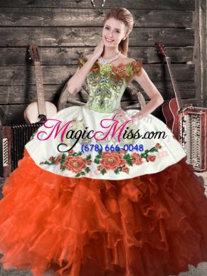 Rust Red Satin and Organza Lace Up Off The Shoulder Sleeveless Floor Length Sweet 16 Dress Embroidery and Ruffles