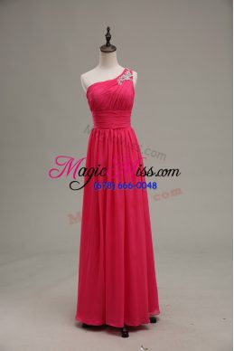 Adorable One Shoulder Sleeveless Juniors Evening Dress Floor Length Beading and Ruching Hot Pink Chiffon and Fabric With Rolling Flowers