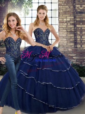 Navy Blue Sweetheart Neckline Beading and Ruffled Layers Vestidos de Quinceanera Sleeveless Lace Up