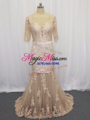 Glorious Scoop Half Sleeves Tulle Mother Of The Bride Dress Lace and Appliques Brush Train Backless