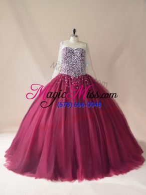 Pretty Long Sleeves Beading Lace Up 15th Birthday Dress with Burgundy Brush Train