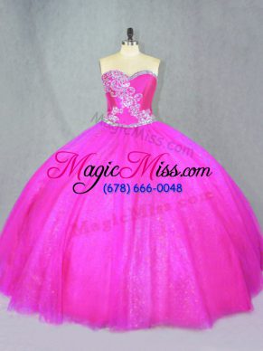 Cheap Fuchsia Ball Gowns Beading Sweet 16 Dress Lace Up Tulle Sleeveless Floor Length
