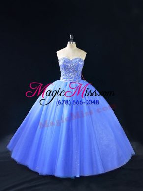 Smart Blue Ball Gowns Sweetheart Sleeveless Tulle Floor Length Lace Up Beading Ball Gown Prom Dress
