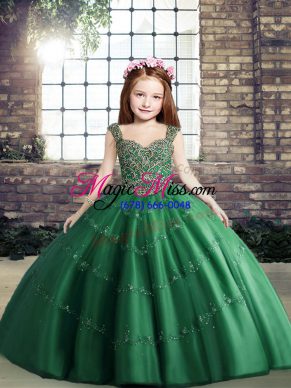Unique Sleeveless Tulle Floor Length Lace Up Kids Formal Wear in Dark Green with Beading