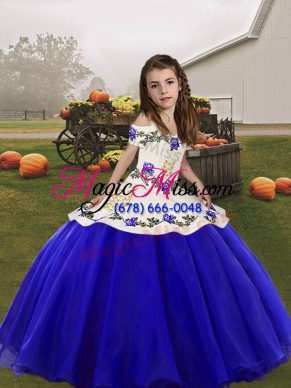 Royal Blue Straps Neckline Embroidery Girls Pageant Dresses Sleeveless Lace Up