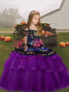 Purple Straps Neckline Embroidery and Ruffled Layers Pageant Gowns For Girls Sleeveless Lace Up