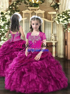 Straps Sleeveless Little Girls Pageant Gowns Floor Length Beading and Ruffles Fuchsia Organza