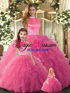 Noble Beading and Ruffles Sweet 16 Dress Hot Pink Backless Sleeveless Floor Length