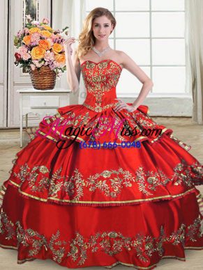 Decent Ball Gowns Ball Gown Prom Dress Red Sweetheart Satin and Organza Sleeveless Floor Length Lace Up