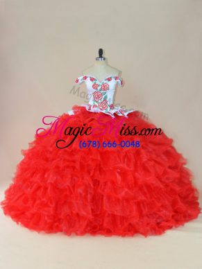 Most Popular White And Red Quinceanera Dress Organza Brush Train Sleeveless Embroidery and Ruffles