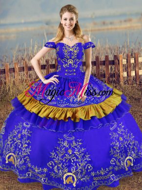 Off The Shoulder Sleeveless Lace Up Ball Gown Prom Dress Blue Satin