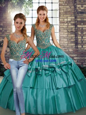 Affordable Floor Length Lace Up Sweet 16 Quinceanera Dress Teal for Military Ball and Sweet 16 and Quinceanera with Beading and Ruffled Layers