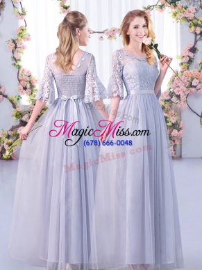 Empire Bridesmaid Dresses Grey Scoop Tulle Half Sleeves Floor Length Side Zipper