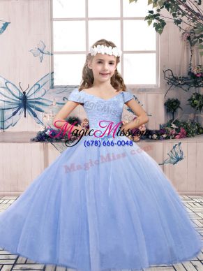 Light Blue Tulle Lace Up Off The Shoulder Sleeveless Floor Length Little Girls Pageant Dress Wholesale Lace and Belt