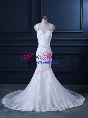 Smart White Sleeveless Beading and Lace Backless Wedding Dress